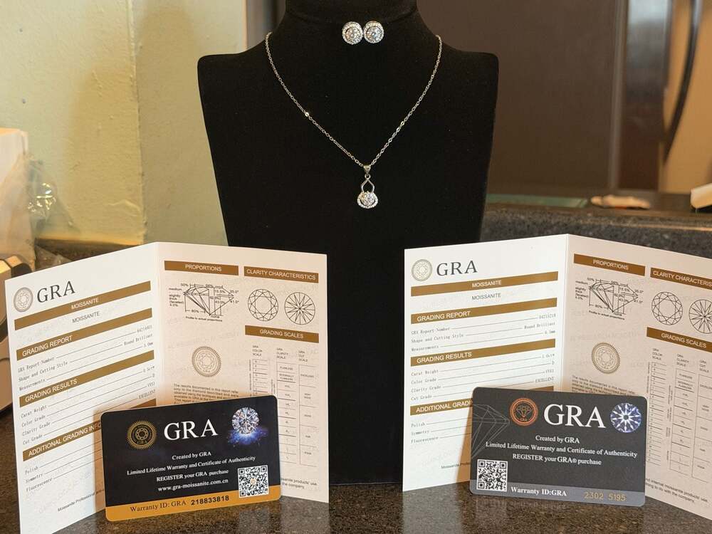 GRA Certified Moissanite Necklace and Earring Set 18K White Gold Plated